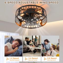 Garwarm Ceiling Fans with Lights Industrial Style Farmhouse Ceiling Fan 50cm Metal Caged Lighting E27 Flush Mount with Remote Control Black 4 Lights - thumbnail 3