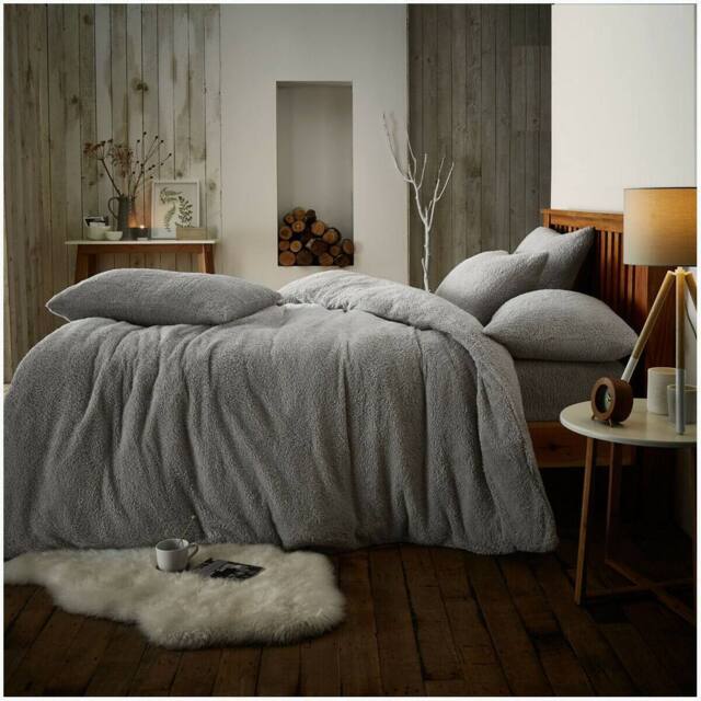 Smart Living Luxury Teddy Plain Duvet Cover & Pillowcase Set in Silver - Size: Double - image 1