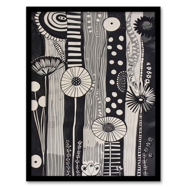 "Artery8 Black White Abstract Stripes Wildflowers Artwork Framed Art Print in Grey - Size: W12"" x H16""" - image 1