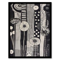 "Artery8 Black White Abstract Stripes Wildflowers Artwork Framed Art Print in Grey - Size: W12"" x H16""" - thumbnail 1