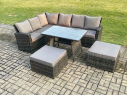 Fimous High Back Outdoor Garden Furniture Set Rattan Corner Sofa Dining Table Set With 2 Big Footstools 8 Seater in Dark Grey - thumbnail 2