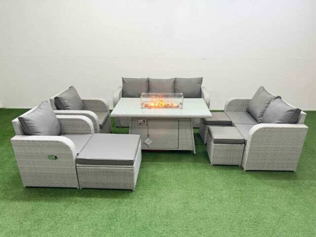 Fimous PE Rattan Garden Furniture Set Reclining Chair Sofa Double Love Seat 2 Seater Sofa Lounge Set Firepit Dining Table 3 Stools Light Grey - image 1