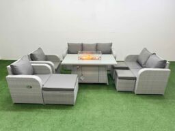 Fimous PE Rattan Garden Furniture Set Reclining Chair Sofa Double Love Seat 2 Seater Sofa Lounge Set Firepit Dining Table 3 Stools Light Grey - thumbnail 1