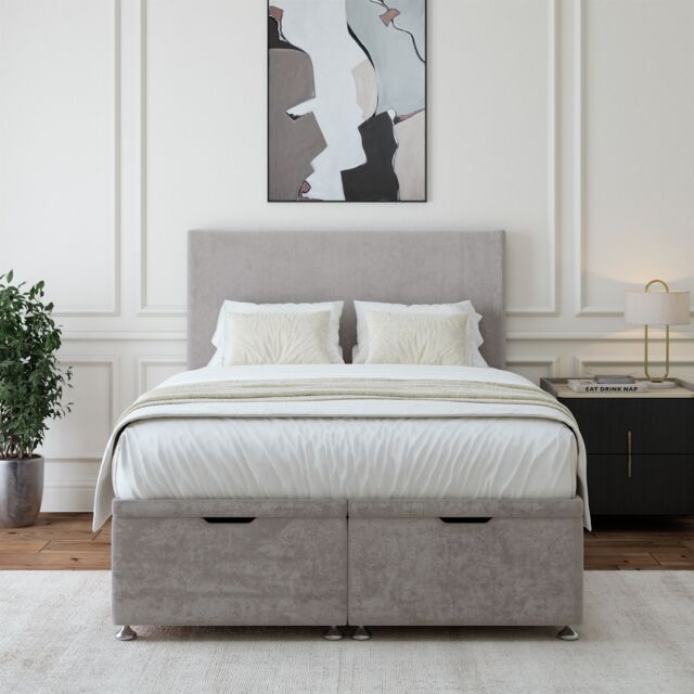 Bedmaster Luxury Velvet Ottoman Divan Base & Plain Headboard in Light Grey - Size: Double - image 1