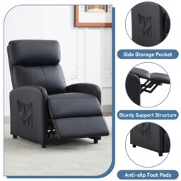 MCC Direct CozyLiving Push Back Chair Faux Leather Reclining Pushback Arm Sofa Black - thumbnail 3