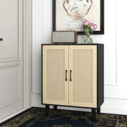 EONLION Rattan Storage Cabinet, 2-Door Sideboard TV Stand in Light Oak - thumbnail 6