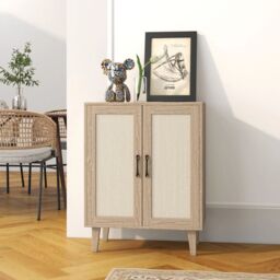EONLION Rattan Storage Cabinet, 2-Door Sideboard TV Stand in Light Oak - thumbnail 3
