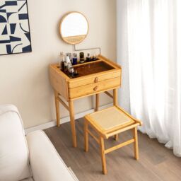 Costway Bamboo Vanity Stool Living Room Makeup Dressing Rattan Top Ottoman Footrest in Natural - thumbnail 6