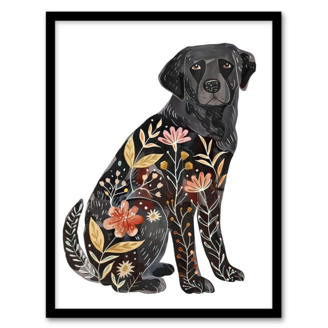 "Artery8 Floral Pattern Black Labrador Dog Lover Design Framed Wall Art - Size: W12"" x H16""" - image 1