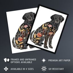 "Artery8 Floral Pattern Black Labrador Dog Lover Design Framed Wall Art - Size: W12"" x H16""" - thumbnail 2