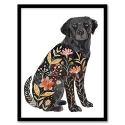 "Artery8 Floral Pattern Black Labrador Dog Lover Design Framed Wall Art - Size: W12"" x H16""" - thumbnail 1