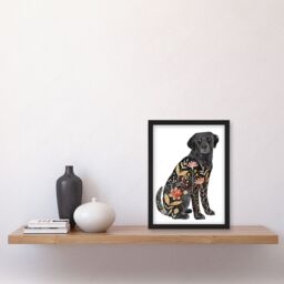 "Artery8 Floral Pattern Black Labrador Dog Lover Design Framed Wall Art - Size: W12"" x H16""" - thumbnail 4