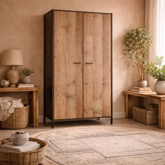 Wyld Haus Lucan Distressed Oak Effect 2 Door Wardrobe in Natural - image 1