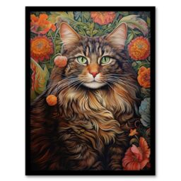 Artery8 Norwegian Forest Cat Floral Spring Garden Flower Blooms Framed Art in Green - Size: A4 - thumbnail 1