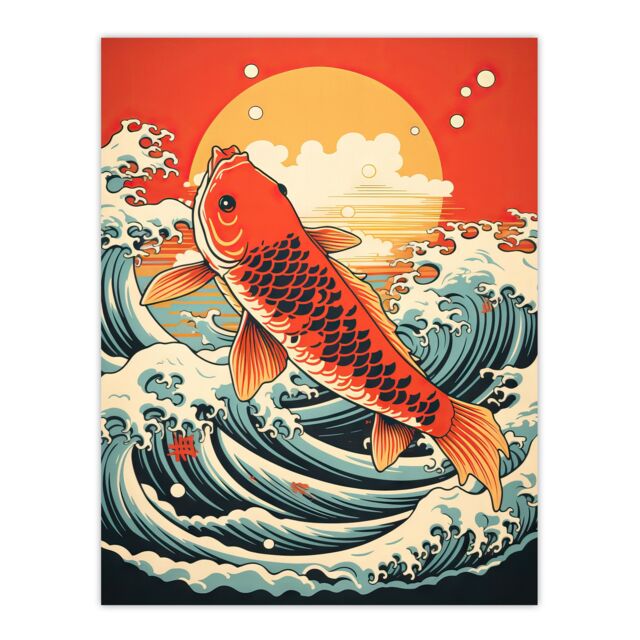 Artery8 Japan Koi Carp Fish Leaping From The Sea At Sunset Great Wave Off-Goldfish Artwork Extra Large XL Unframed Wall Art Poster Print - image 1