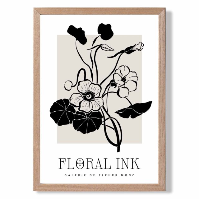 ARTZE Black & Beige Nasturtium Flowers Floral Ink Sketch Framed Print SIZE: A4 with Oak Frame - Size: A2 - image 1