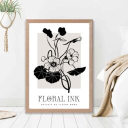 ARTZE Black & Beige Nasturtium Flowers Floral Ink Sketch Framed Print SIZE: A4 with Oak Frame - Size: A2 - thumbnail 2