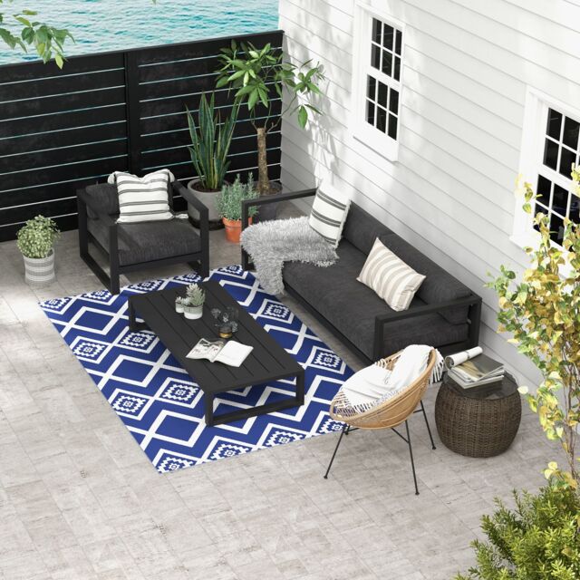 OUTSUNNY Reversible Waterproof Outdoor Rug W/ Carry Bag, 182 x 274cm in Blue - Size: 185 cm x 270 cm - image 1