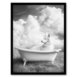 "Artery8 Husky in a Bathtub on Field Black White Surreal Framed Art Print in Grey - Size: W12"" x H16""" - thumbnail 1
