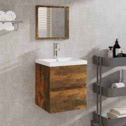 Berkfield Home Bathroom Sink Cabinet with Basin & Mirror Smoked Oak in Brown - thumbnail 2