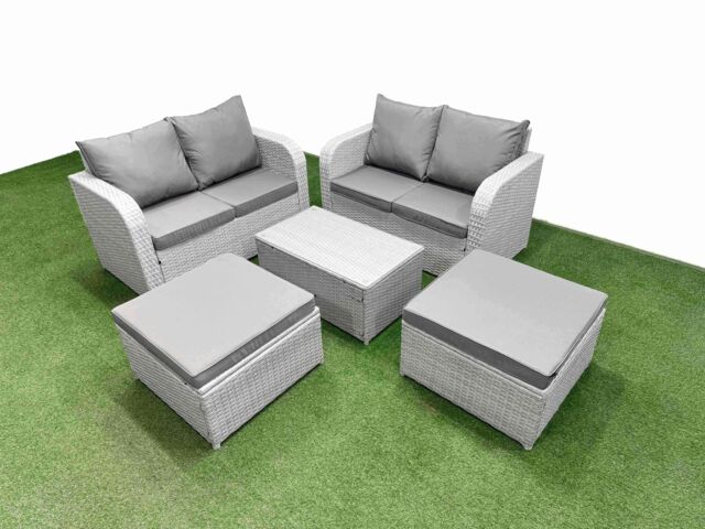Fimous 6 Seater Outdoor Love Sofa Set Rattan Garden Furniture Set with Rectangular Coffee Table 2 Footstool Light Grey - image 1