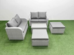 Fimous 6 Seater Outdoor Love Sofa Set Rattan Garden Furniture Set with Rectangular Coffee Table 2 Footstool Light Grey - thumbnail 2