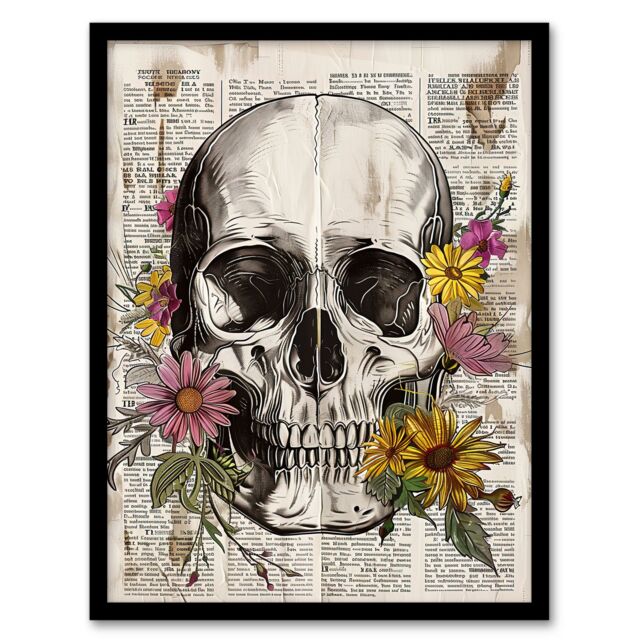 "Artery8 Skull with Daisies Book Page Mixed Media Upcycle Framed Wall Art in Grey - Size: W12"" x H16""" - image 1