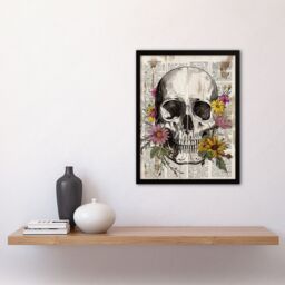"Artery8 Skull with Daisies Book Page Mixed Media Upcycle Framed Wall Art in Grey - Size: W12"" x H16""" - thumbnail 4