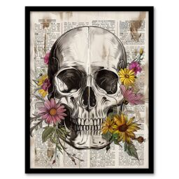 "Artery8 Skull with Daisies Book Page Mixed Media Upcycle Framed Wall Art in Grey - Size: W12"" x H16""" - thumbnail 1