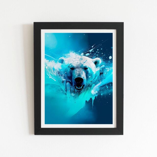 "Warren Reed - Designer Polar Bear Face Splashart Framed Art Print in Black - Size: W24"" x H36""" - image 1