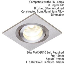 Loops SINGLE Adjustable Tilt Slim Square Ceiling Spotlight Brushed Silver GU10 Lamp in Metallics - thumbnail 2