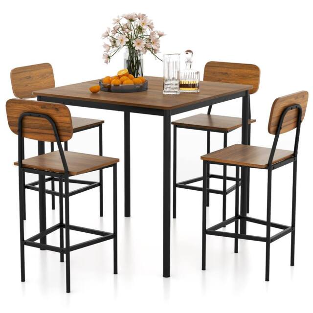 Gymax 5 PCS Industrial Dining Table Set Counter Height Table 4 Bar Stools in Light Brown - image 1