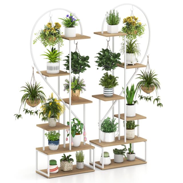 Gymax 2 Pack 6-Tier Metal Plant Stand Heart-Shape Ladder Plant Shelves in Light Khaki - image 1