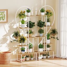 Gymax 2 Pack 6-Tier Metal Plant Stand Heart-Shape Ladder Plant Shelves in Light Khaki - thumbnail 4