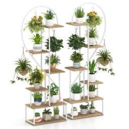 Gymax 2 Pack 6-Tier Metal Plant Stand Heart-Shape Ladder Plant Shelves in Light Khaki