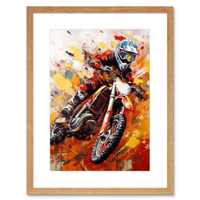 "Artery8 Wall Art Print Motocross Race Motorcycle Sport Oil Painting Artwork Framed 9X7 Inch in Beige - Size: W7"" x H9""" - image 1