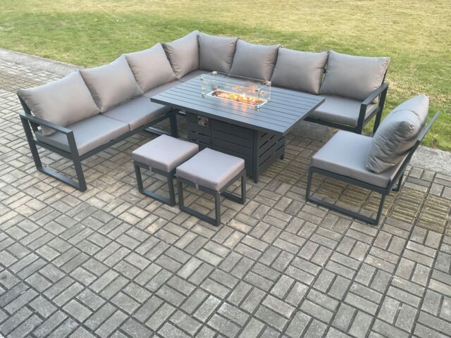 Fimous Aluminium Lounge Corner Sofa Outdoor Garden Furniture Sets Gas Fire Pit Dining Table Set with Footstools Dark Grey