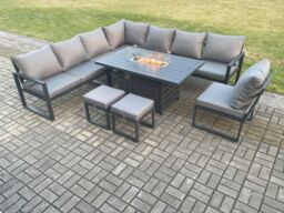 Fimous Aluminium Lounge Corner Sofa Outdoor Garden Furniture Sets Gas Fire Pit Dining Table Set with Footstools Dark Grey - thumbnail 1