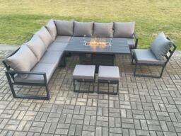 Fimous Aluminium Lounge Corner Sofa Outdoor Garden Furniture Sets Gas Fire Pit Dining Table Set with Footstools Dark Grey - thumbnail 2