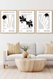 ARTZE Set of 3 Oak Framed Matisse Floral Cut Out Style in Black & Beige Wall Art - Size: W45 cm x H62 cm x D20mm - thumbnail 1