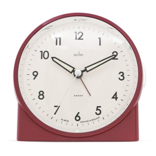 Acctim Arlo Non-Ticking Sweep Luminous Tipped Hands Analogue Backlight Alarm Clock in Dark Red - image 1