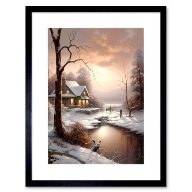 "Artery8 Wall Art Print Winter Cottage Landscape Oil Painting Snow Lake Sunset Snowy Trees Artwork Framed 9X7 Inch in Black - Size: W7"" x H9""" - image 1