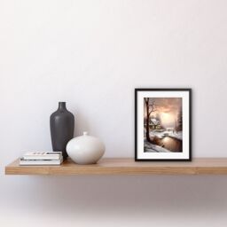"Artery8 Wall Art Print Winter Cottage Landscape Oil Painting Snow Lake Sunset Snowy Trees Artwork Framed 9X7 Inch in Black - Size: W7"" x H9""" - thumbnail 2