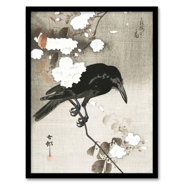 Artery8 Ohara Koson Framed Wall Art Print Crow With Cherry Blossom Flowers in Grey - Size: A4 - image 1