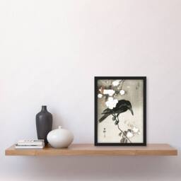 Artery8 Ohara Koson Framed Wall Art Print Crow With Cherry Blossom Flowers in Grey - Size: A4 - thumbnail 2