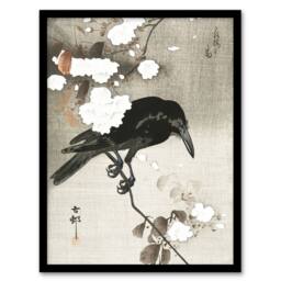 Artery8 Ohara Koson Framed Wall Art Print Crow With Cherry Blossom Flowers in Grey - Size: A4 - thumbnail 1