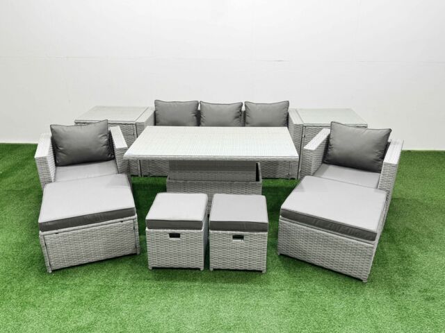 Fimous 10 PCs Rising Dining Table Set Rattan Furniture Set with 3 Seater Sofa in Light Grey - image 1