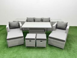 Fimous 10 PCs Rising Dining Table Set Rattan Furniture Set with 3 Seater Sofa in Light Grey - thumbnail 1