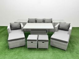 Fimous 10 PCs Rising Dining Table Set Rattan Furniture Set with 3 Seater Sofa in Light Grey - thumbnail 2