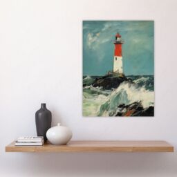 Artery8 Solitary Lighthouse Against A Stormy Sea Modern Oil Painting Ocean Colours w/ Red Large Wall Unframed Art Poster Print Thick Paper 18X24 Inch - thumbnail 4